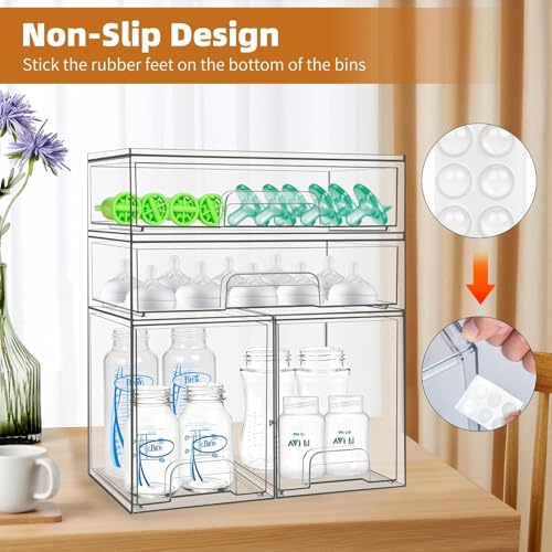 Bottle Storage Organizer Baby, Acrylic Bottles Station Organizer Container, Stackable Clear Drawers for Countertop, Vanity, Bathroom, Cabinet, Pantry Organization (4 Pack)