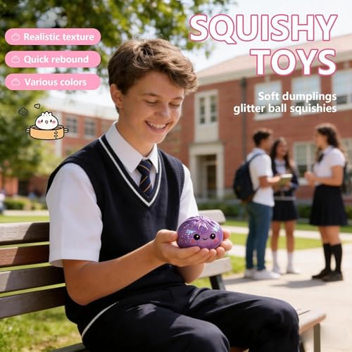 Beauenty 4PC Glitter Dumpling Squishy Toy - Soft Squeeze Stress Ball, Anxiety Relief Fidget Toy, Stretchy Sparkly Sensory Dumpling Squishy for Kids Teens