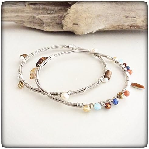 Musically Inspired Wire Wrapped Guitar String Bangle Bracelet Set - Czech Crystal - Freshwater Pearl - Mother of Pearl - Collectable - Stackable - Vegan - Eco Friendly - Ready to ship