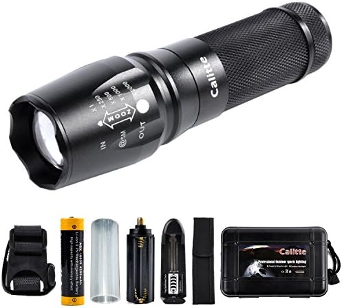 Calitte XML T6 Waterproof Tactical Flashlight 5 Mode 1000 Lumens Zoomable Focus LED Flashlights with Battery and Charger set for Hunting, Cycling (18650 Batteries included)