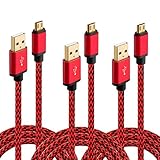 Micro USB Cable, HI-CABLE Fast+ 3 pack 6ft Quick Speed Braided Long Charging Cord For Samsung Galaxy S7 S6 Edge Plus, Note 4/ 5,S4 S5 Active, Tab A S/ S2 Pro, PS3/ 4, Android Phone Gold-Plated (Red)