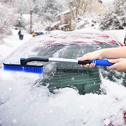 DIY home Ice Scraper for Car Windshield,360° Pivoting Head Extendable Telescopic Snow Brush with Foam Grip, Windshield Frost Ice Remover Tool 26”-32” (Blue)