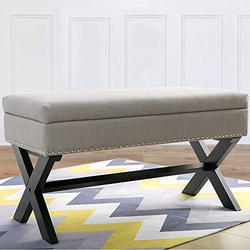 Harper Bright Designs Storage Bench Ottoman Linen Fabric with X-shape Leg and Nailhead Decoration (Grey + black leg)
