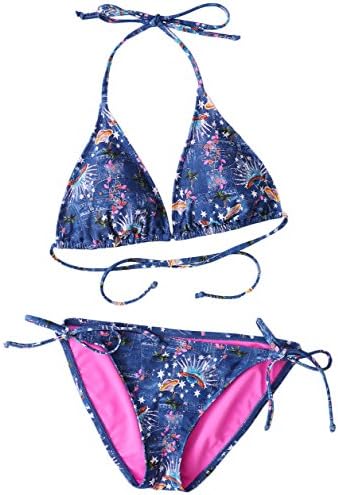 AJISAI Women's Tie Side Bottom Halter Two Piece Swimsuit Print Bikini Sets Print Denim Size M