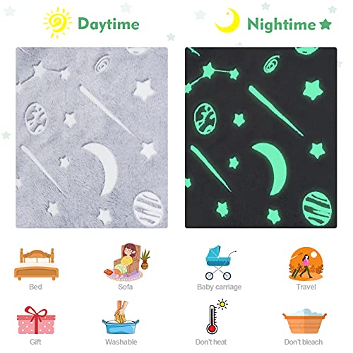 Throw Blanket Glow in The Dark Galaxy Stars Bed Blankets Lightweight Flannel Fleece Blanket for Boys Girls Luminous Blanket for Bed Couch Crib Stroller Ideal Gift Choice for Kids 50 x 60 Inches - Grey