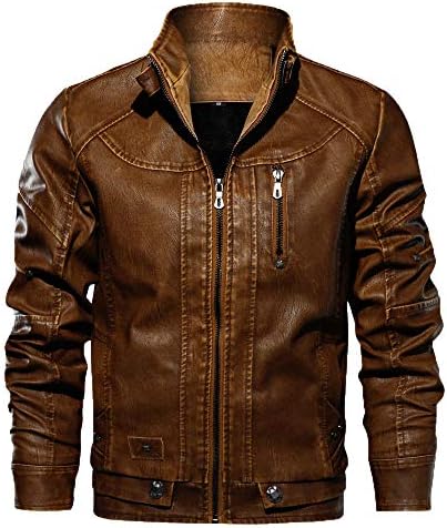 Tsmile Men Coat Men's Autumn Winter Solid Color Stand Zipper Leather Jacket Top Casual Long Sleeve Outwear