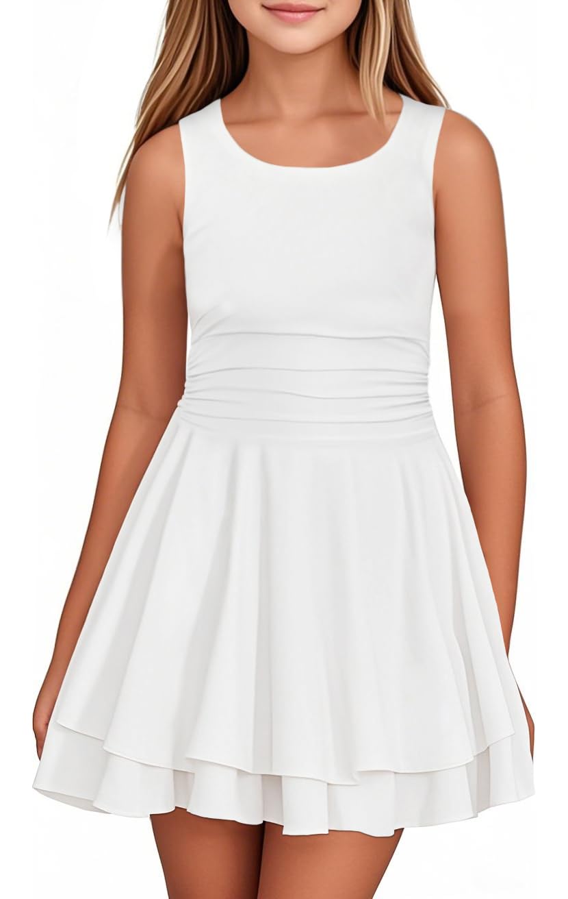 Photo 1 of *DIRTY* Bnycuml Girl's Summer Dress Crew Neck Sleeveless Ruffle A-Line Swing Dresses for 5-14 Years(White,150)