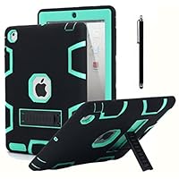 iPad 2 Case,iPad 3 Case,iPad 4 Case, AICase Kickstand Shockproof Heavy Duty Rubber High Impact Resistant Rugged Hybrid Three Layer Armor Protective Case with Stylus for iPad 2/3/4 (Black+Mint Blue)