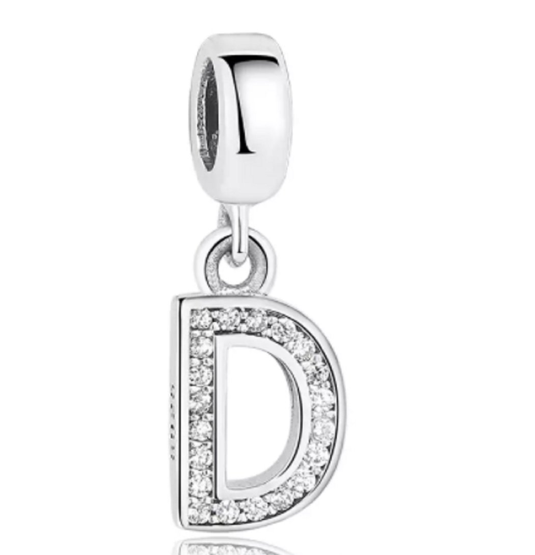 FeatherWish Sterling Silver 925 Letter D Charm With Cubic Zirconia Compatible With Pandora Bracelet (Letter D)
