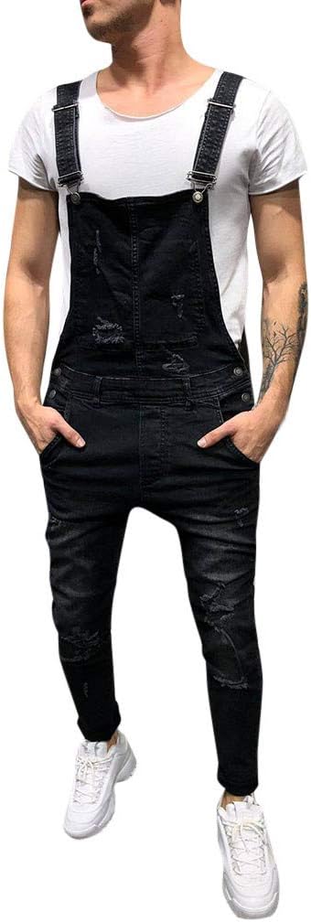 Men's Overall Casual Jumpsuit Jeans Wash Broken Pocket Trousers Suspender Pants