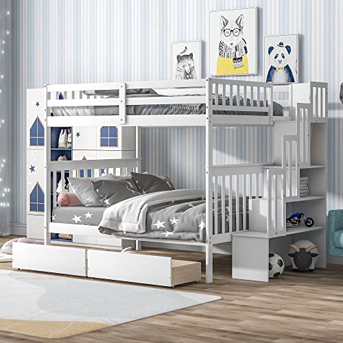 MERITLINE Full Over Full Bunk Bed with Stairs and Drawers, Solid Wood ...