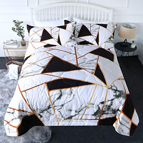 BlessLiving 3 Piece Marble Comforter Set with Pillow Shams 4D Printed Designs Reversible Comforter Queen Size Bedding Sets Soft Comfortable Machine Washable, Black White Gold Geometric Triangle