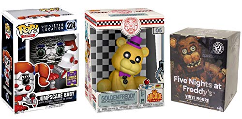 Five Nights at Freddy's Character Pack Vinyl Pop! Freddy Fazbear's Golden Freddy #05 & SDCC Convention #224 Jumpscare Baby Sister Location Exclusive + Bonus Blind Box Mins Collectible