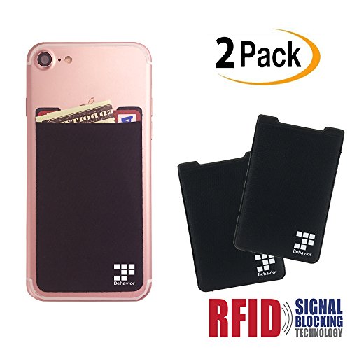 (2pc)Phone Card Wallet &amp; RFID Blocking Sleeve, Stick-On ripstop Lycra Card holder ,Extra Tall Pocket Totally Covers Credit Cards &amp; Cash - BLACK