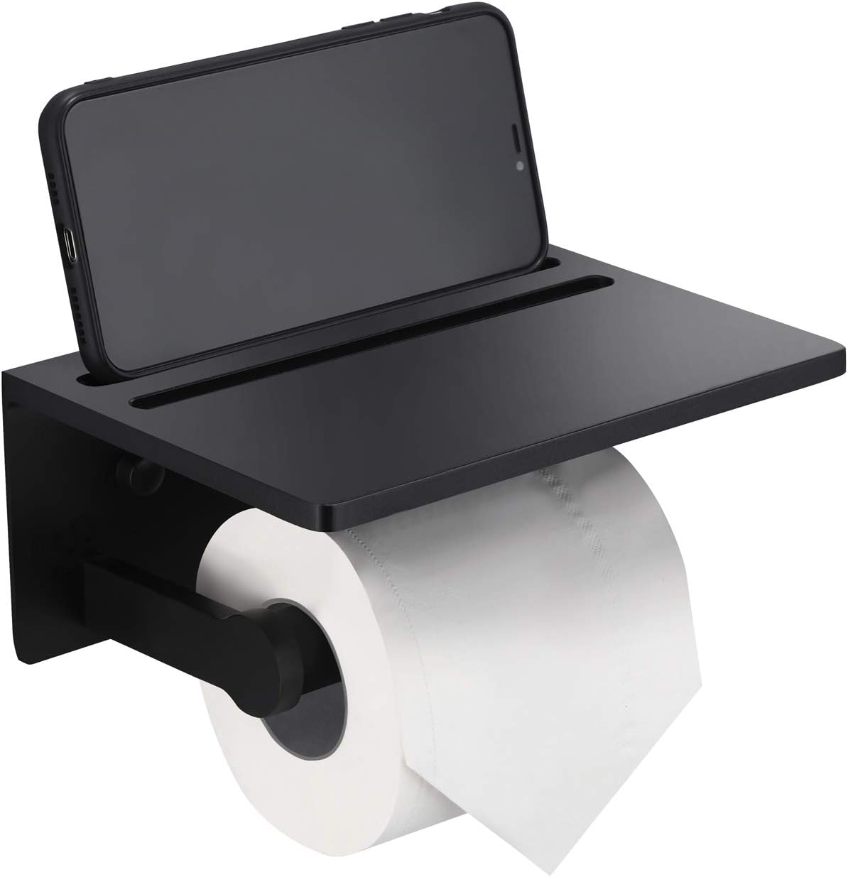 Amazon Com Smarthome Toilet Paper Holder With Shelf Black Anti Rust Aluminum Tissue Roll Holder With Mobile Phone Storage Shelf For Bathroom 3m Self Adhesive No Drilling Or Wall Mounted With Screws Kitchen