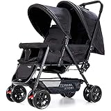 TEKNUM Double Twin Baby Stroller PramShock ProofWide Seat and Canopy360 DEGREE Rotating WheelsBig BasketFully Recylinable5 Point Seat BeltCushioned SeatNewborn Baby/Kids,6 36MonthsBlack, 77*45*105