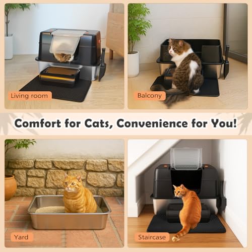 Vivifying Stainless Steel Cat Litter Tray, XXL High-Sided, Removable and Metal Enclosed Stainless Steel Cat Litter Box with Lid with Scoop, Steps and Mat (Black)