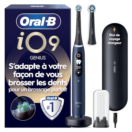 Oral-B Brosse à Dents Electrique iO 9, 2 Brossettes de Rechange, Bleu Saphir – 7 Modes de Brossage dont Smart Adapt, Blancheur, Soin Gencives, Charge Rapide de la Batterie, Capteur de Pression, Etui