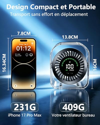DDKJ Silent Desk Fan 20dB, 100 Adjustable Speeds, 360° Rotation, LED Display, 4000 mAh Battery, 3.5-15 Hour Battery Life, Works Connected, for Wall, Home, Bedroom, Children and Adults