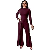 ZonJie Burgundy Long Sleeve jumpsuits for Women Dressy Wedding Round Neck Work Wide Leg Pants Rompers with Zipper,24 Burgundy_X-Large