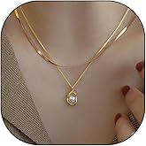 Layered Pearls Statement Pendant Necklace for Women, Dainty 14K Gold Plated Stacked Snake Bone Chain Choker Necklace Trendy Aesthetic Prom Jewelry