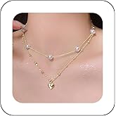 Andelaisi Boho Layered Heart Pendant Necklace Vintage Pearl Bead Chain Necklace Gold Love Heart Choker Necklace Adjustable Heart Ball Chain Necklace Jewelry for Women
