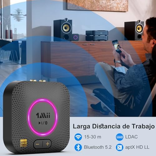 1Mii B06S+ LDAC Receptor Bluetooth 5.2 HiFi, Adaptador Audio Bluetooth con Aptx Baja Latencia & HD, Salida RCA/AUX 3,5 mm Jack, Control Volumen, 100ft Receptor de Largo Alcance para Estéreo Doméstico