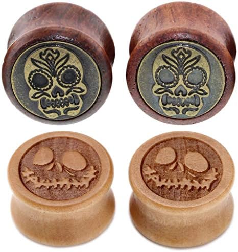 Jack Skellington & Sugar Skull Wood Flesh Ear Tunnels Plugs Double Flare Saddle Piercing Gauges Stretcher