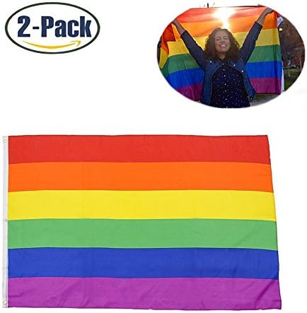 3x5 Foot Rainbow Flag  - Canvas Header and Double Stitched- Vivid Color and UV Fade Resistant - Gay Pride Banner Flags Polyester with Brass Grommets 3 X 5 Ft,Pack of 2