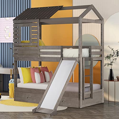 House Bunk Bed with Slide and Drawers, HouseShaped Wood Twin Over Twin