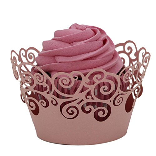 DZT1968 50pc Christmas Lace Cut Cupcake Wrapper Liner Baking Cup Muffin (Pink)
