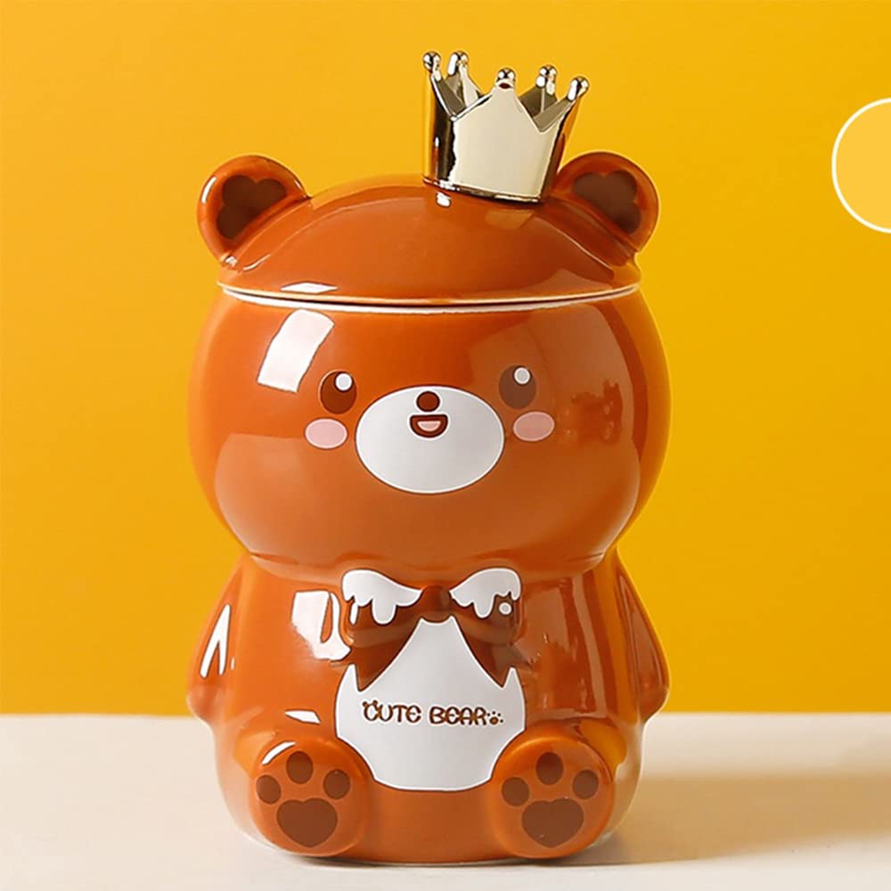 Hosoncovy Cartoon 3D Bear Shaped Ceramic Coffee Mug with Handle Drink Cup Water Cup with Lid Gift Mug (Brown)