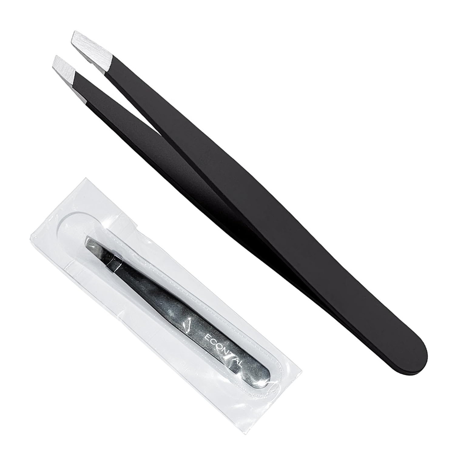 Econtal Tweezers with Case, Slanted Tip, Matte Black, Black