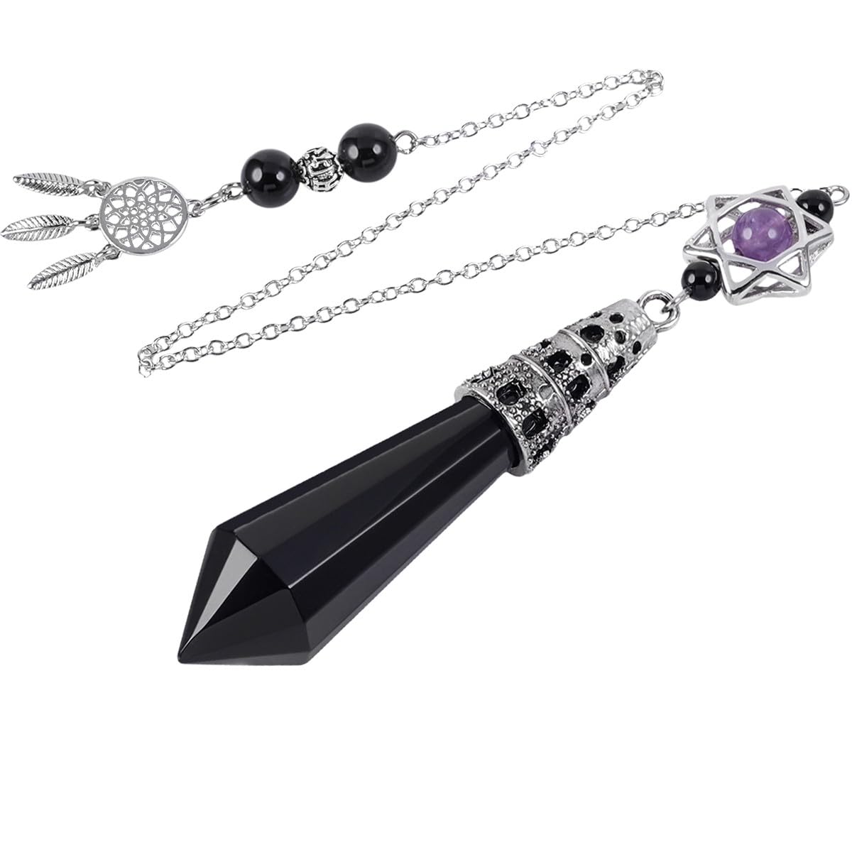 mookaitedecor Natural Black Obsidian Crystal Divination Dowsing Pendulum Faceted Crystal Point Pendulum with Merkaba Star Dream Catcher Reiki Healing Crystal Witchcraft Wiccan Supplies Decor Gift