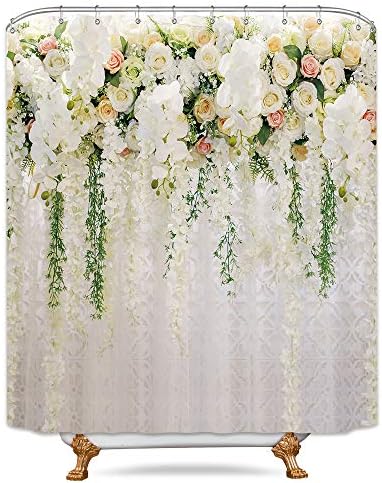 Riyidecor Ivy Floral Blossoms Shower Curtain Panel Herbs Weeds White Rose Wedding Flower Decor Fabric Set Polyester Waterproof Fabric 72x72 Inch 12 Pack Plastic Hooks Included