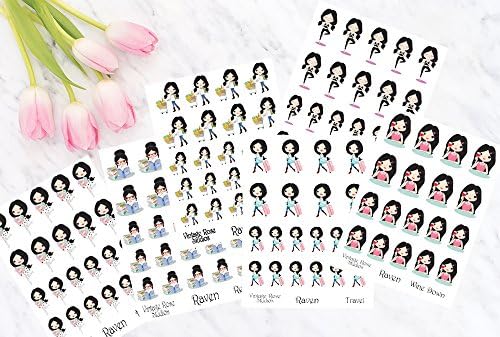 6 Sheets of Girl Character Planner Stickers. Shopping, Mail, Travel, Wine, Yoga &amp; Reading Functional Stickers for all Planner Types, Erin Condren, Happy Planner, Kate Spade