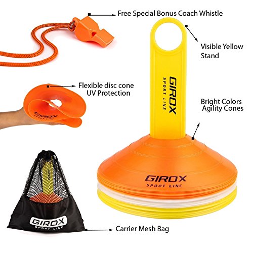 Soccer Training 8 Inch Disc Cones Set by Girox Sport-Includes 21 Agility Cones, Yellow Carrying Stand for Practice Soccer Cones, Carrier Mesh Bag and a Coach Whistle - Thumbnail 4
