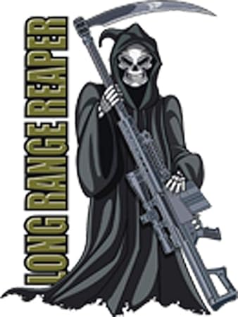 Amazon Com Grim Reaper With With Machine Gun Scythe Cartoon Vinyl Sticker 4 Tall Arts Crafts Sewing