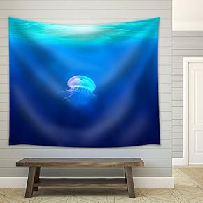 Jellyfish Under Deep Blue Ocean - Fabric Wall Tapestry Home Decor - 51x60 inches