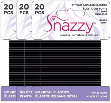 Hair Elastics by Snazzy, Black, Thin &amp; Long, Saver Pack, Painless Pony Tail Holders, Yoga Twist, 60 Count (3 Pack, 20 Ties Per Card)