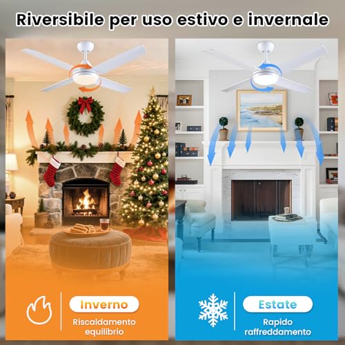 Newday 48" White Ceiling Fan with Light and Remote Control, Ceiling Fan with 4 Blade, Step-less Dimmer, 7 Speed Mode, Timer, Reversible Silent DC Motor for Living Room