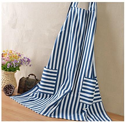 S Kaiko Stripe Pattern Cotton Linen Apron for Women with Pockets Cooking Chef Apron Kitchen Apron Apron Bib Apron Restaurant Baking Apron BBQ Apron Housewife Apron (blue)