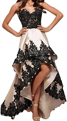 OYISHA Women's Sheer Neck High Low Prom Dress Appliqued Formal Party Gowns Nude &amp; Black 8