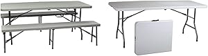 Office Star Resin 3-Piece Folding Bench and Table Set, 2 Benches and 6 x 2.5-Feet Table & Resin Multipurpose Rectangle Table, 6-Feet, Center Folding