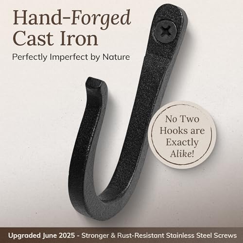 Railroad Spike Cast Iron Hooks (10 Pack) Handmade Blacksmith, Wall Mounted Farmhouse Decorative Hooks, PowderCoated for Interior or Exterior Use, Rust Proof for Hanging Coats, Bags or Pots (Black)