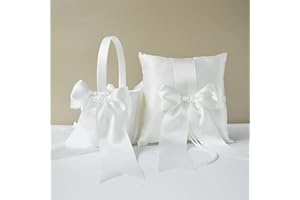 ATAILOVE Flower Girl Basket and Ring Bearer Pillow Set Cute Cherish Wedding Flower Baskets and Pillow(Ivory)