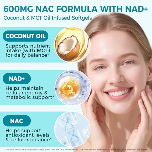 NAC Supplement 600mg with NAD+, N-Acetyl Cysteine with Coconut Oil for Potent Antioxidant, Immune System, Energy Level, Overall Vitality, Liver Health & Balance Support|300 Softgels