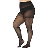 WiliW Polka Dot Plus Size Tights for Women, 40D Patterned Tights High Waist Control Top Black Sheer Pantyhose
