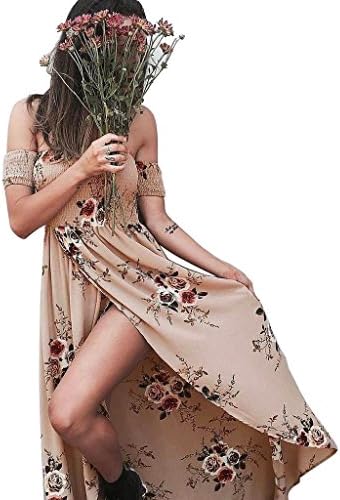 Ebizza Women's Boho Elegant Off Shoulder Floral Print Maxi Beach Long Dress - L Pink