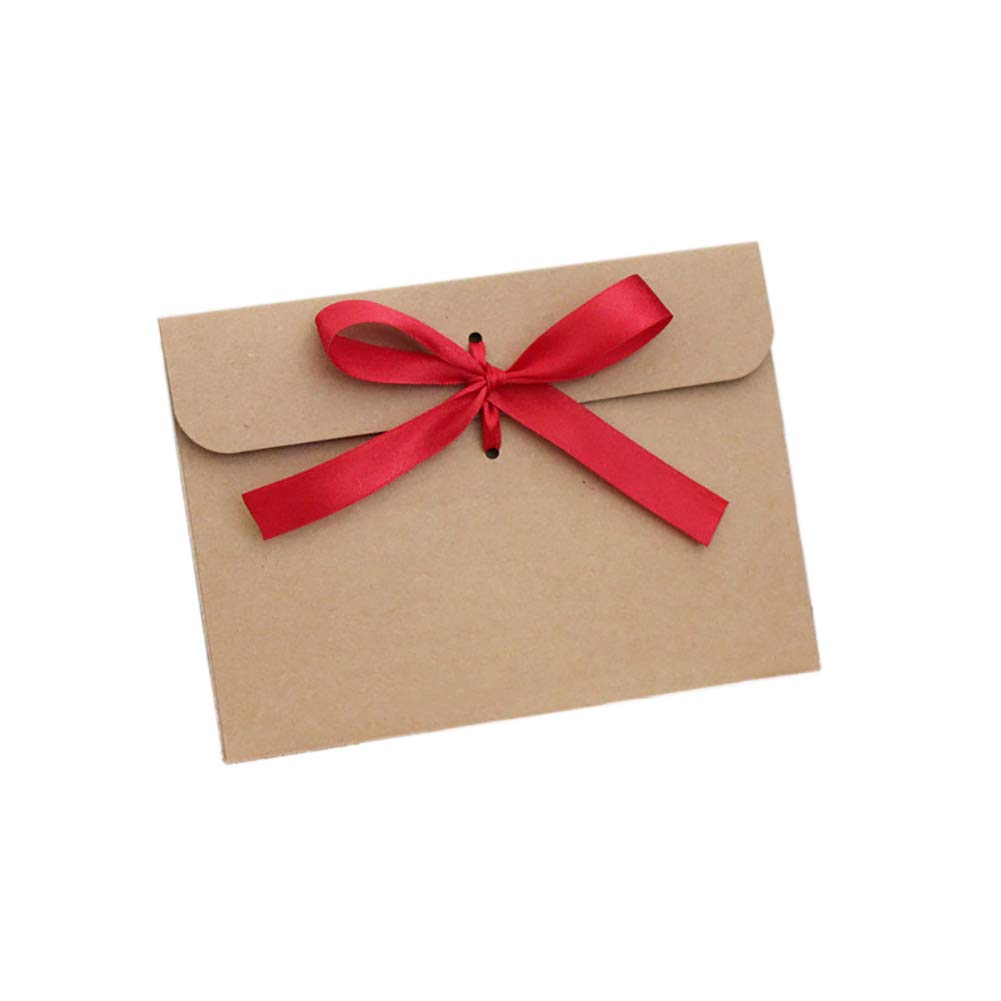 JIHUOO 30 Pcs Retro Kraft Paper Envelopes with Ribbons for Handmade Invitations, Red